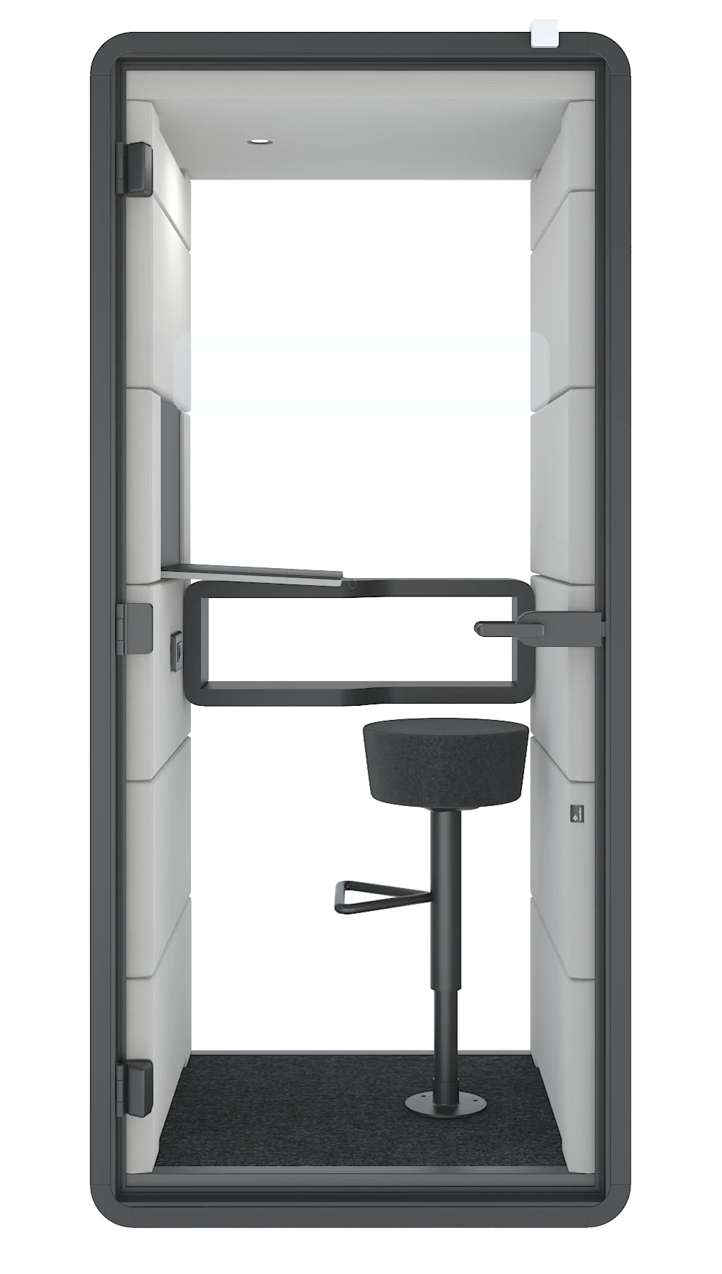 Hushphone acoustic pod, front view with the open laptop shelf