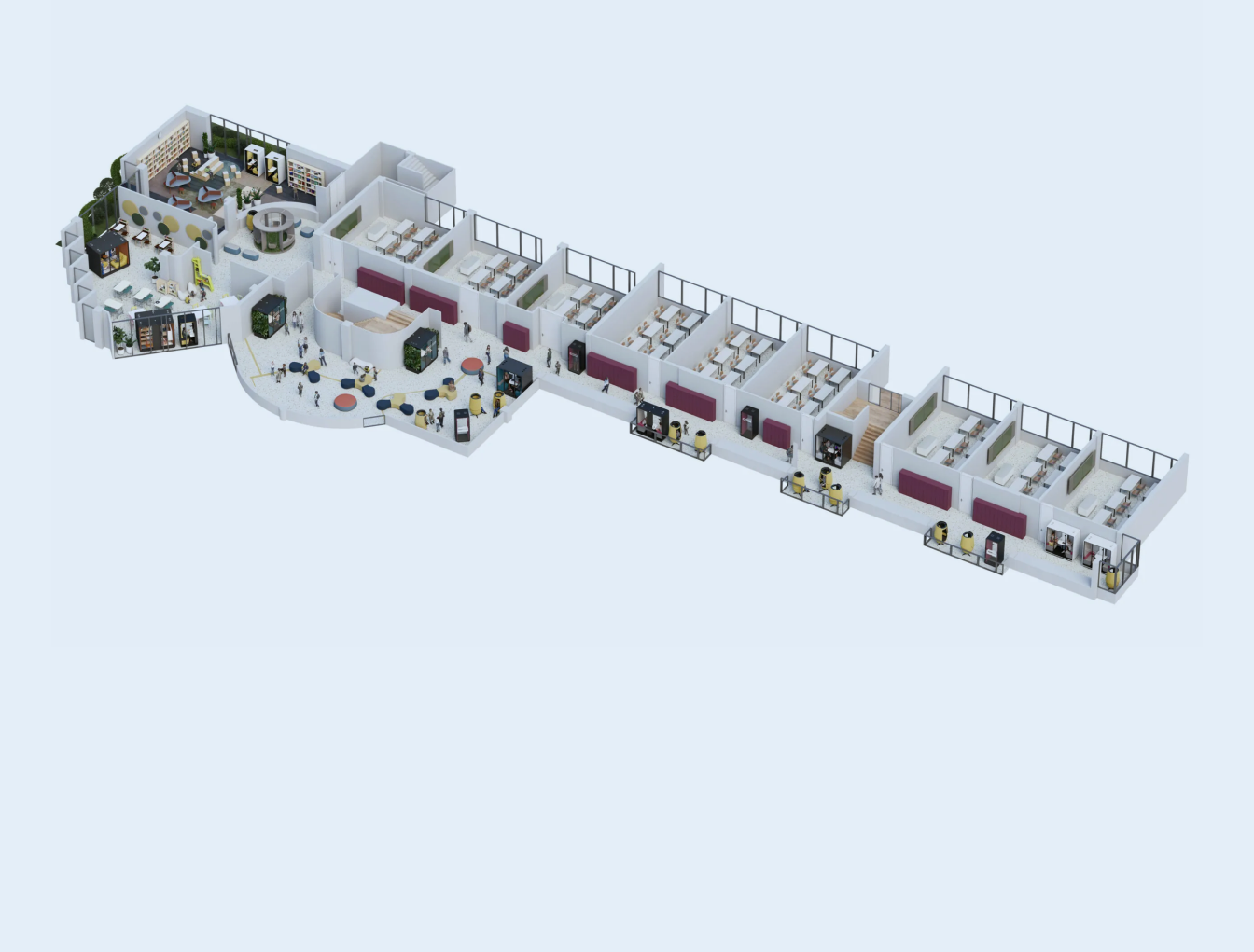 Isometric floor plan showing Hushoffice pod placements in an educational building