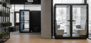 Coworking floor with desks, planters and acoustic pods