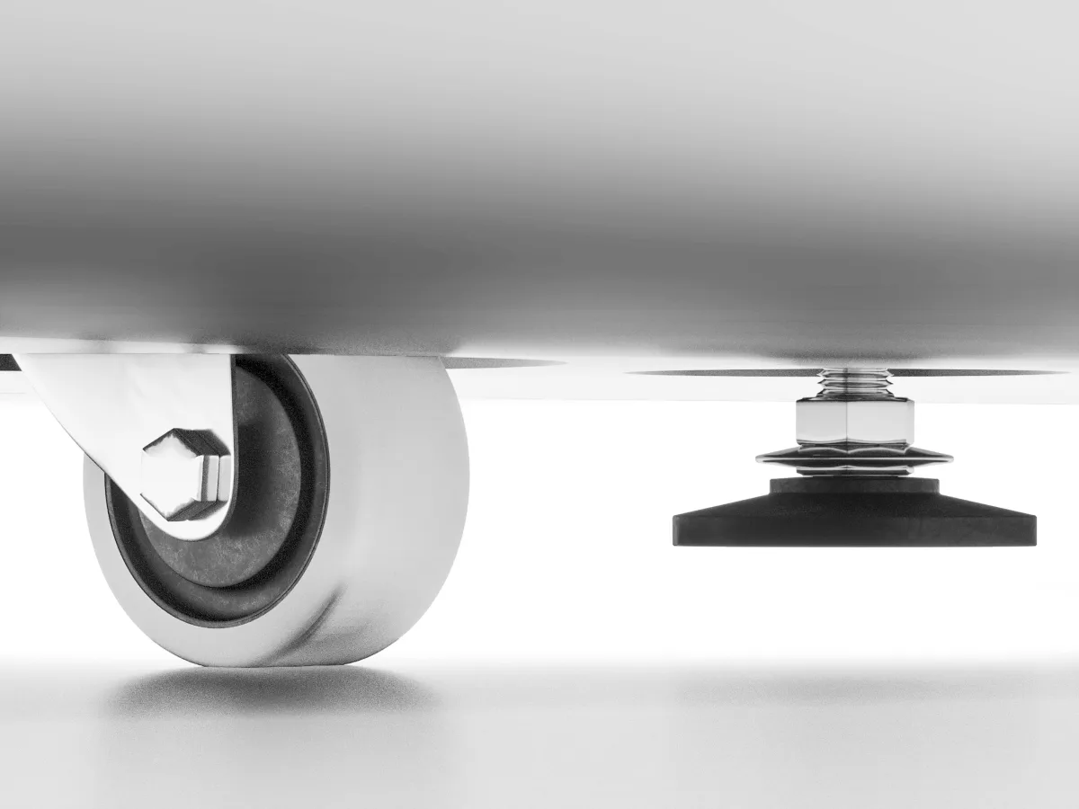 Castor and levelling foot under a pod