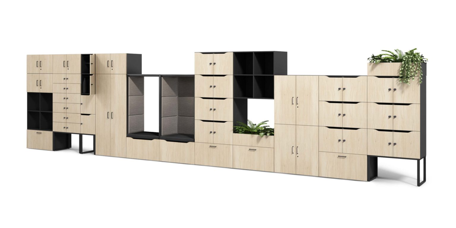 Long Hushlock storage wall combining lockers, benches, shelves and planters