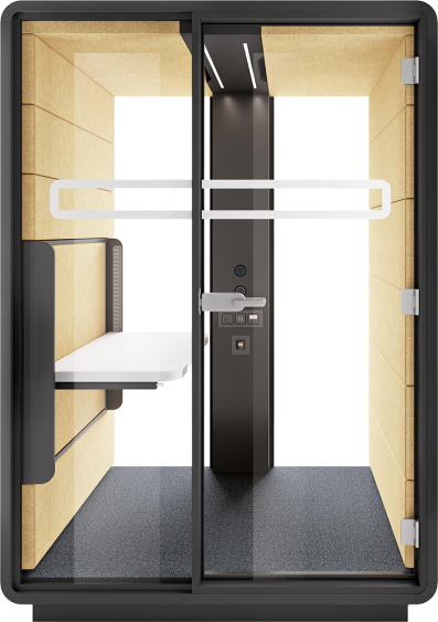 A modern acoustic office booth with height-adjustable tabletop for individual work in standing and sitting position hushWork.sit&stand Hushoffice