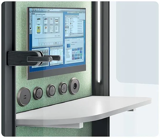 acoustic-office-pod-for-hybrid-work-and-videoconferences-hushHybrid-Hushoffice-interior The interior of acoustic offie pod for online meetings and videoconferences hyshHybrid by Hushoffice