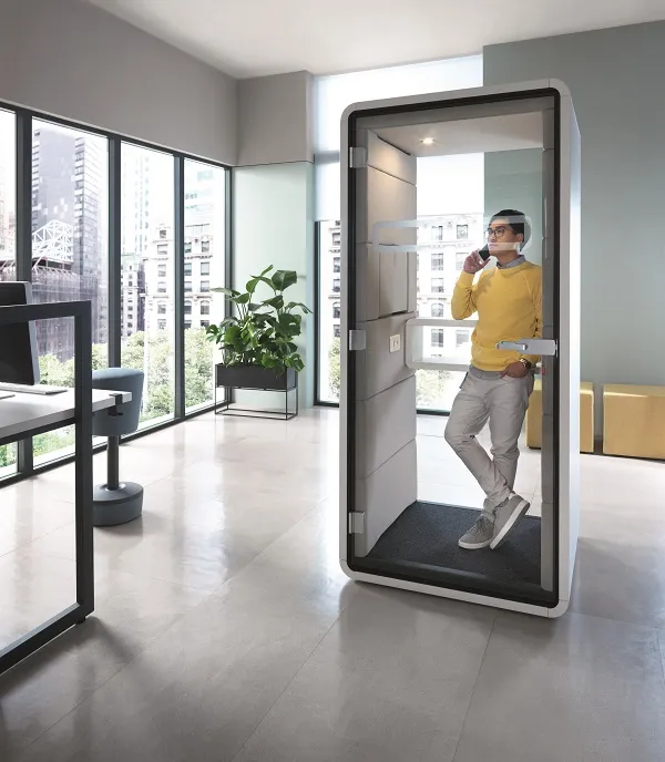 Office pods and office phone booths are a powerful office acoustic solution because they trap noise while adding fuzz to an echoey office space, improving its overall soundscape.