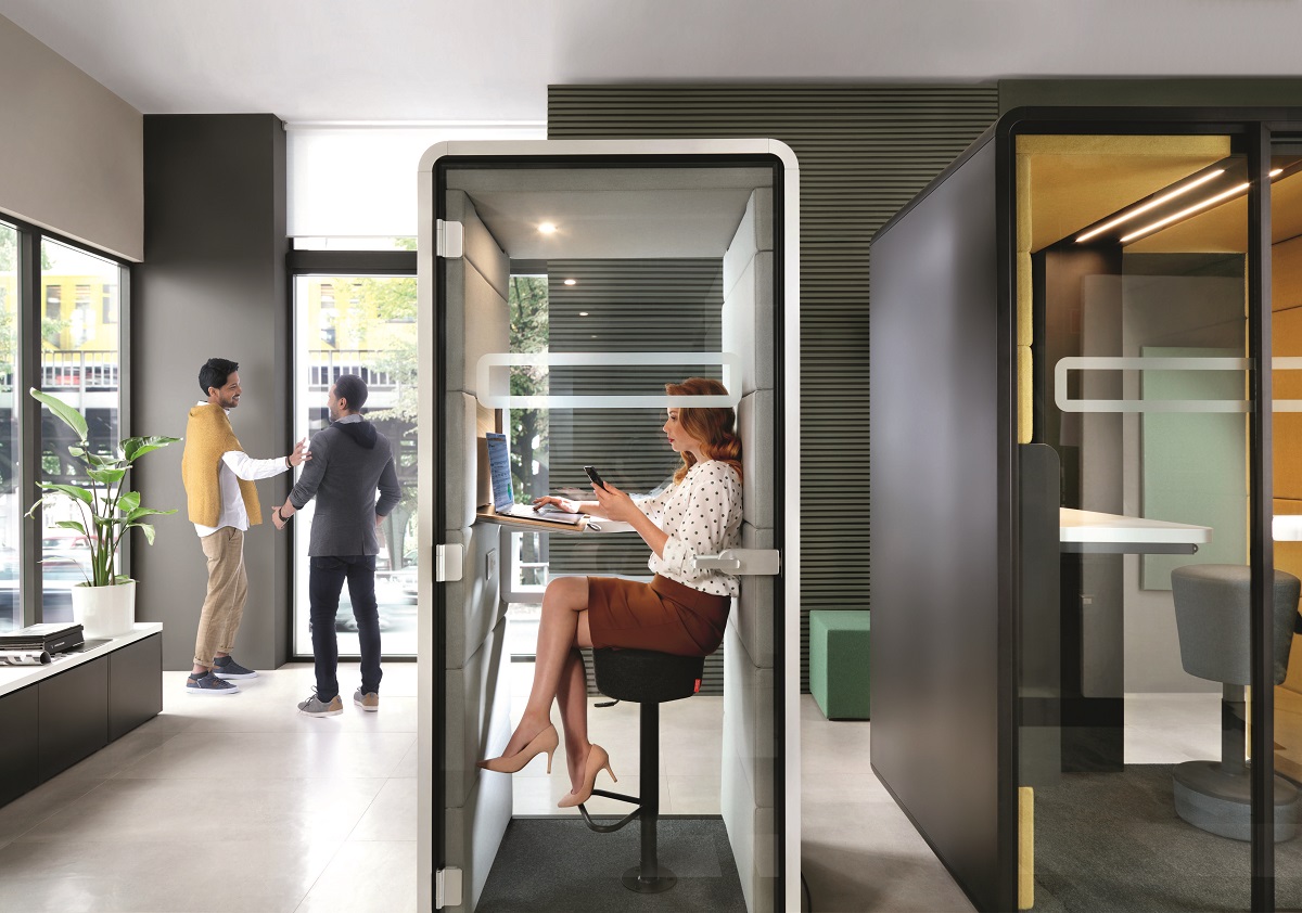Office pods are a powerful office acoustic solution because they trap noise while adding fuzz to an echoey office space, improving its overall soundscape