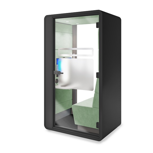 Sound-dampening glass. Clear. Frosted. Semi-opaque. Decked out or branded with your own film or stickers. Customize your hushHybrid office pod. It's a perfect office privacy booth.