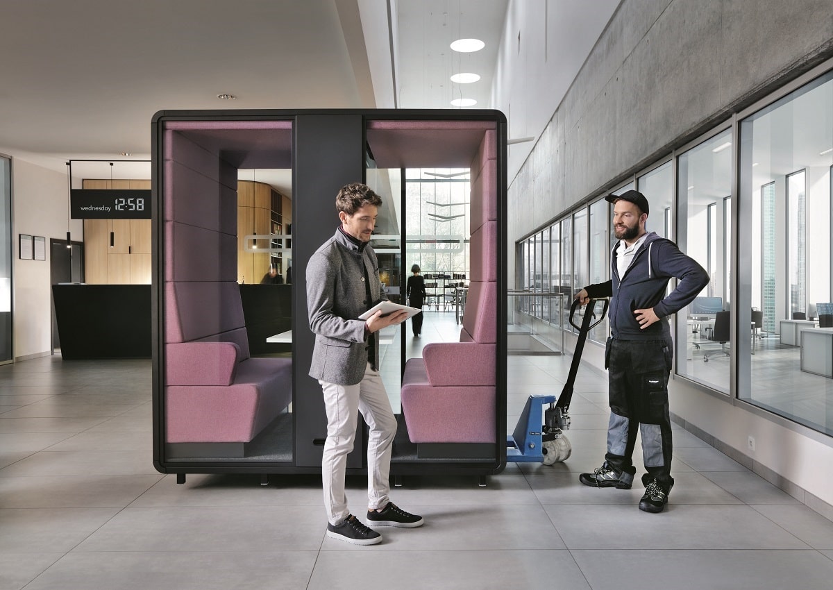 HushMeet. The mobile 4-person meeting pod. Relocatable by pallet jack.