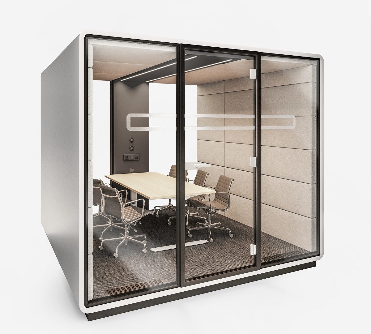 HushMeet.L modular office pod. Coated with an anti-virus solution that kills over 80% of surface viruses, bacteria, and fungi. Safely collaborate in the open office.