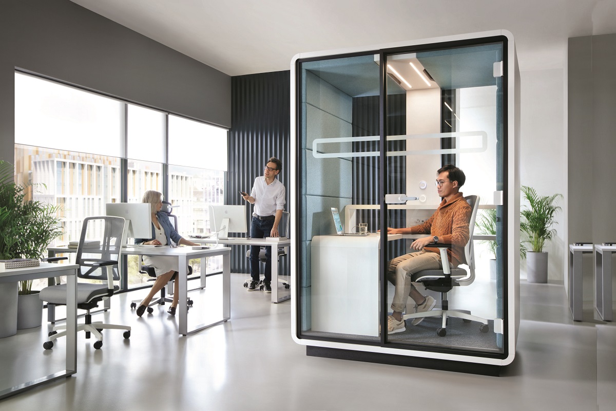Individual office pods like hushWork are a strong post-COVID office solution because they're enclosed, private, and coated in an Anti Virus solution.