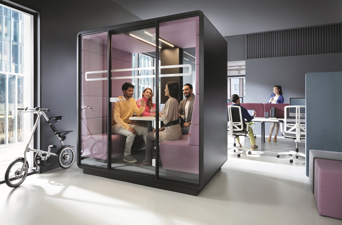 HushMeet. An office meeting pod seating 4. Modern. Mobile. Safe. 