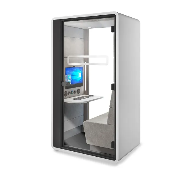 HushHybrid video conferencing booth for private video calls. LED video light strips and monitor mount optional.