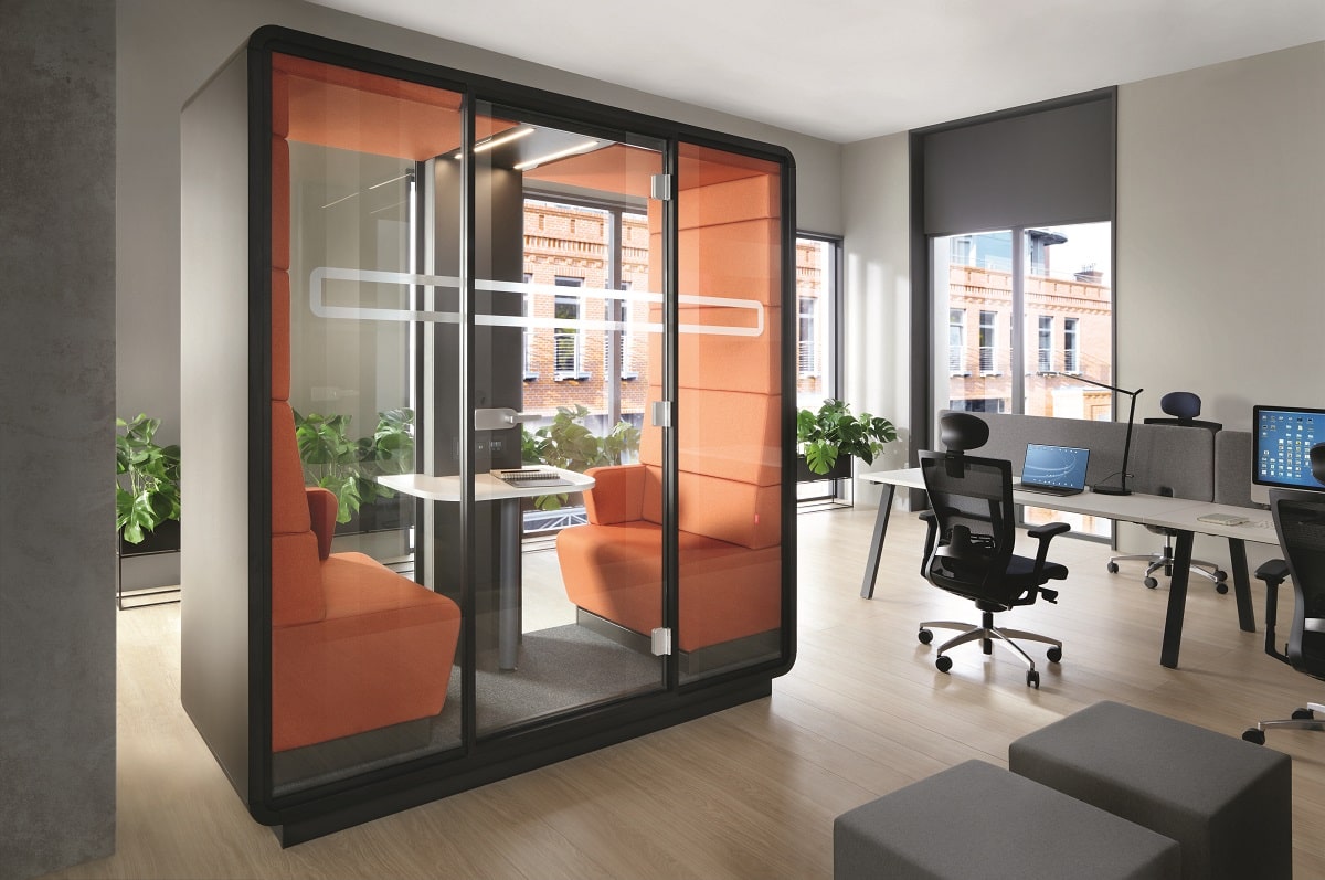 The hushMeet.S 2-person pod is a small acoustic meeting cabin for the office.