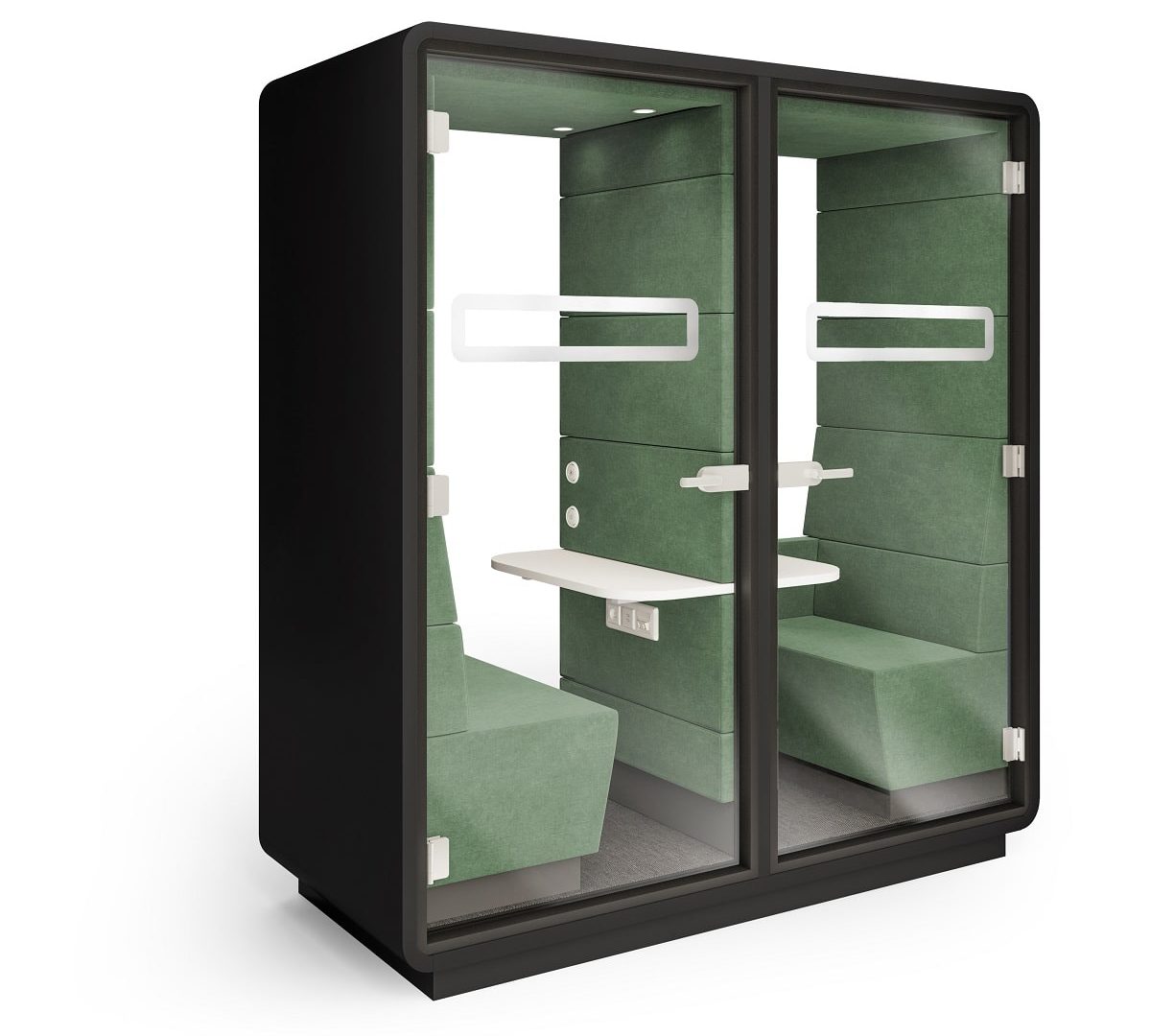 HushTwin. Eine kleine schalldichte Bürokabine. 2 separate Arbeitsbereiche. 1 platzsparende Kabine.