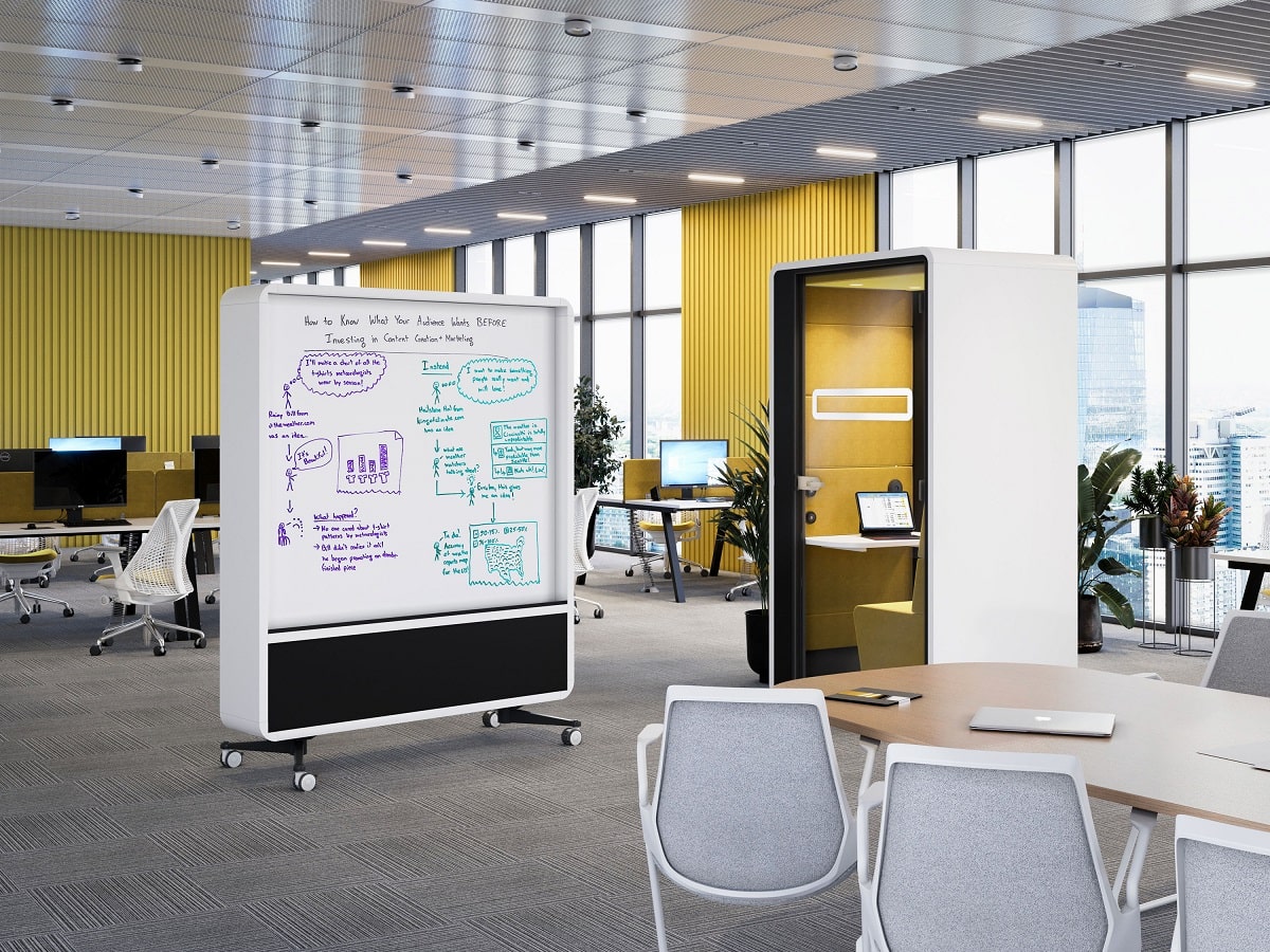 The best mobile whiteboard? Go at least 6 feet tall and 5 feet wide to give employees ample space to ideate. Opt for movable. Double sided, too.