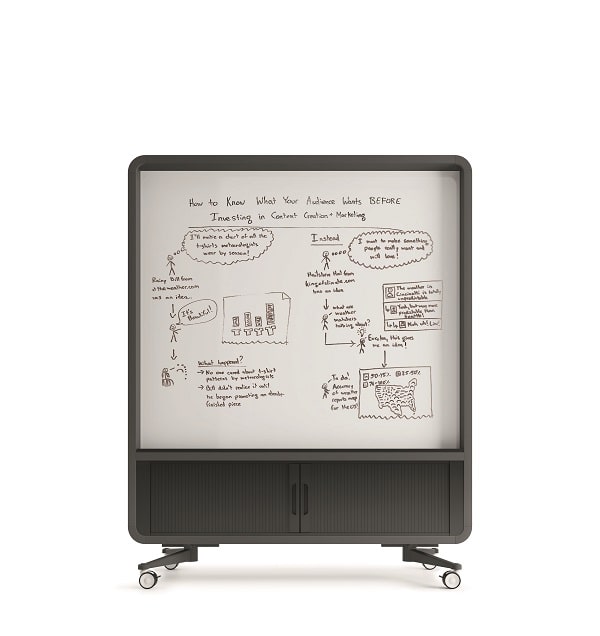 Smooth-gliding castors. Freestanding design. HushWall is a movable whiteboard that rolls with flow.