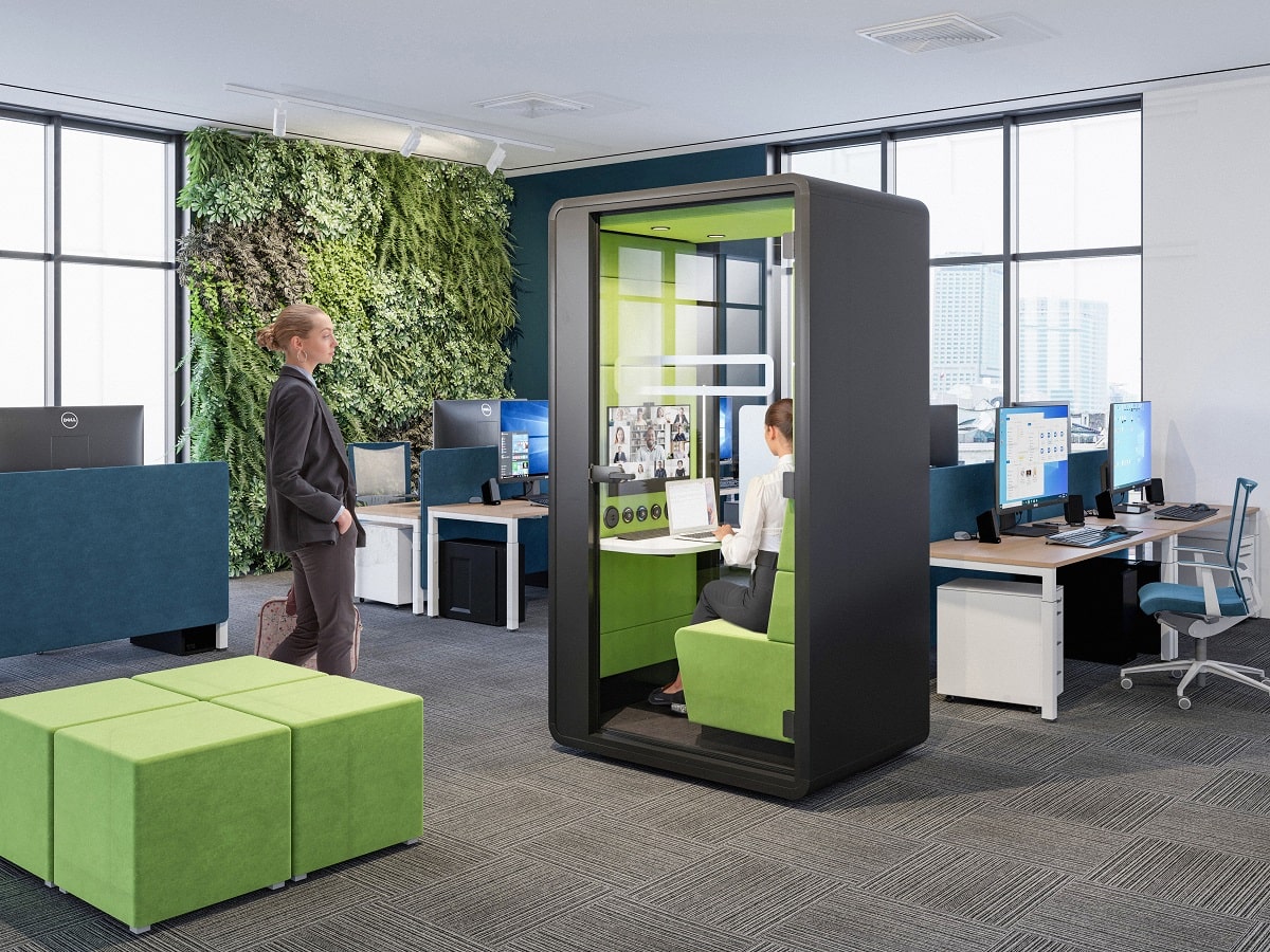 Depth-adjustable desk. Tweakable lights. Tweakable ventilation. Supportive sofa. The hushHybrid mobile video call booth hits all the important ergonomic marks.