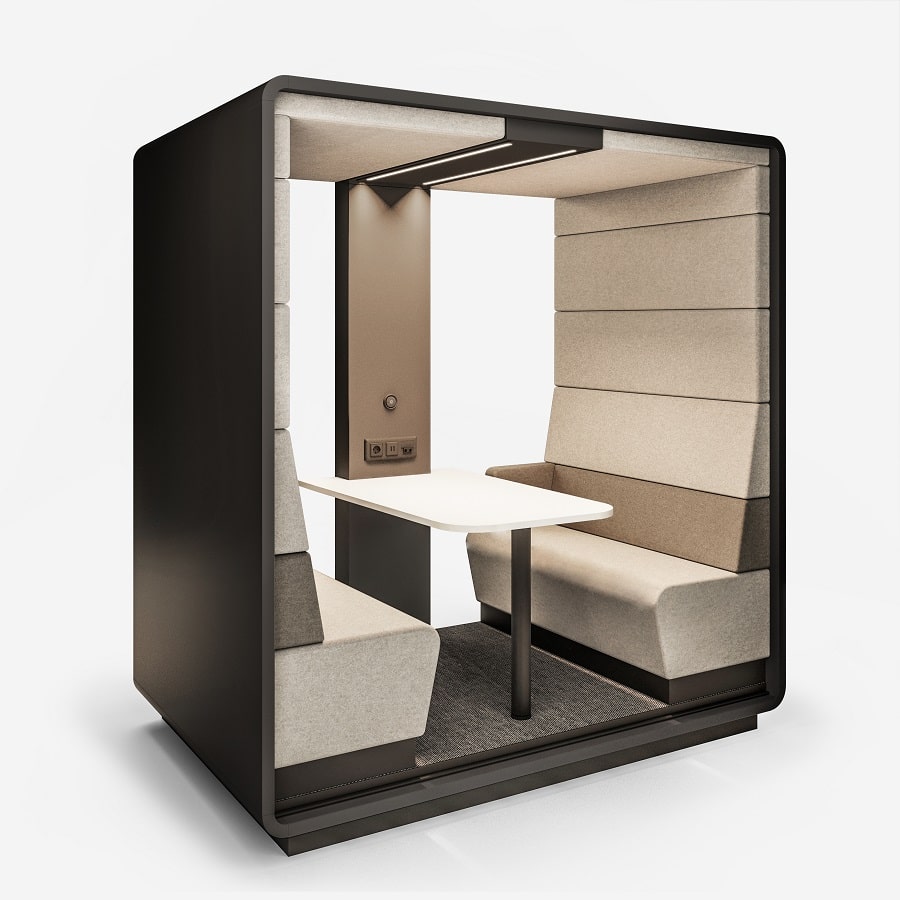 HushMeet.open is a unique office pod booth. It's semi-enclosed design is semi-calm, semi-active. The booth allows office energy to permeate only partly, making for a spot that's apt for active tasks.