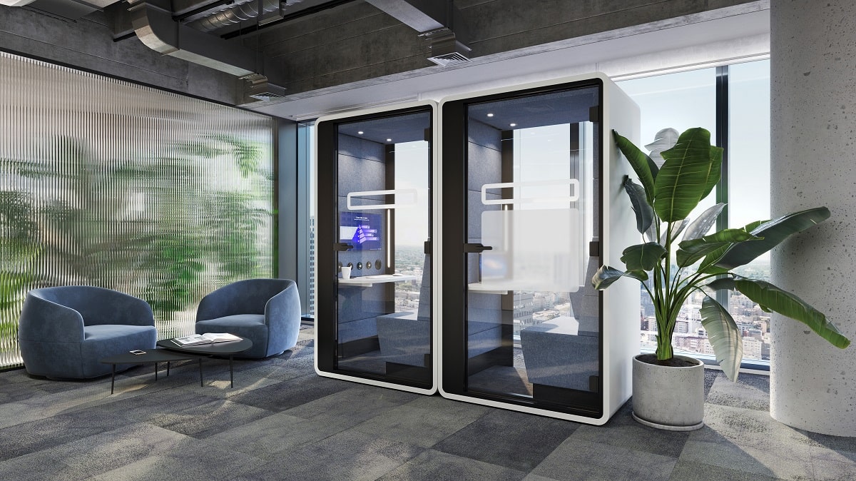 Mobile office pods like hushHybrid help improve office acoustics and are relocatable by the push of two teammates.