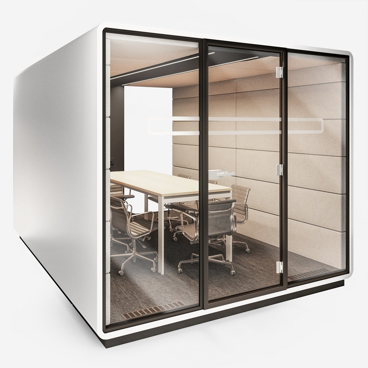 HushMeet.L. Une cabine de bureau privée pour parler de tout ce qui est confidentiel. Modulaire, pouvant accueillir entre 4 et 8 personnes selon le nombre de modules.