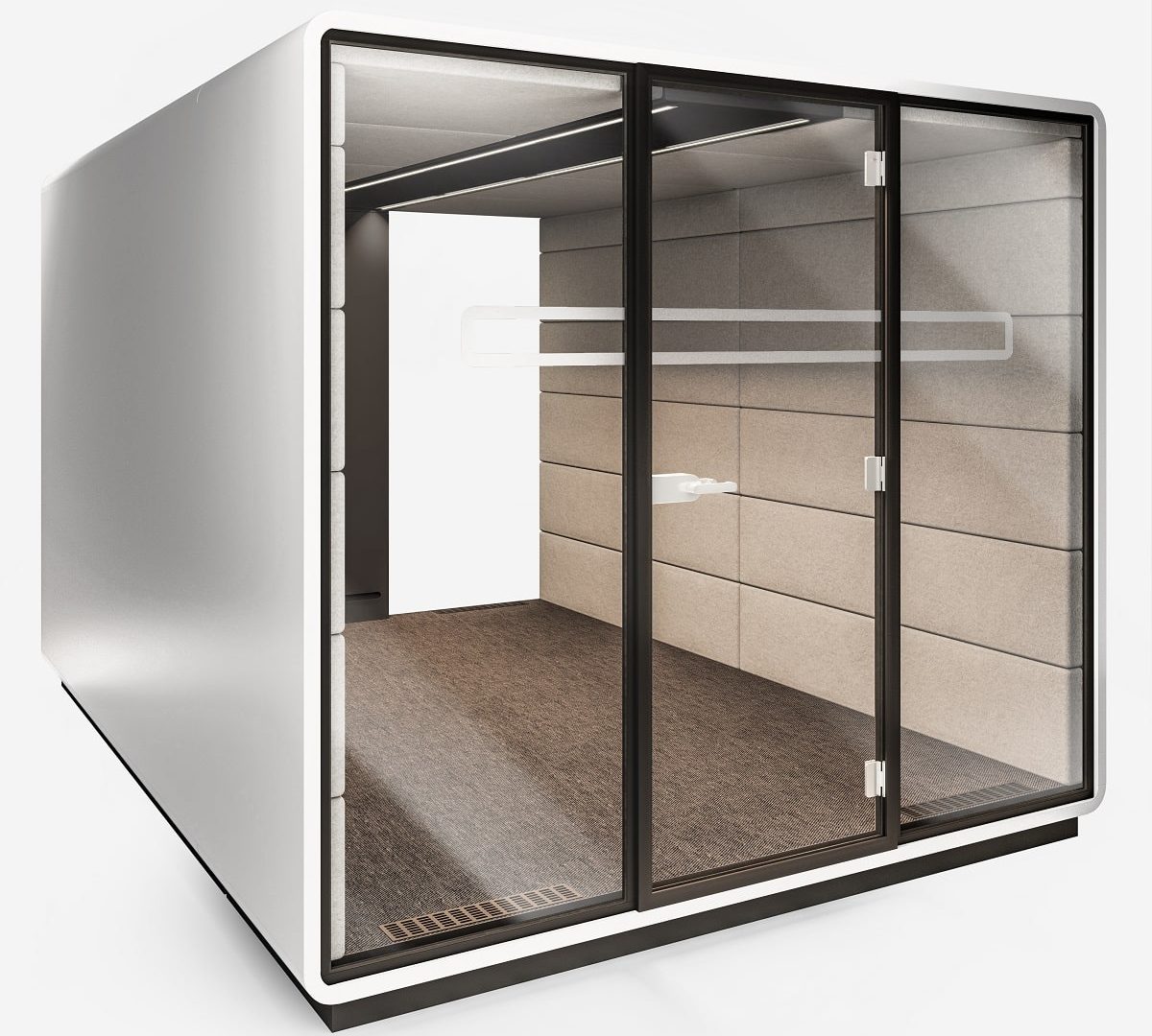 La cabine de conference HushMeet.L Hushoffice arrive vide, avec un grand espace intérieur pour le meubler selon vos rêves les plus fous.