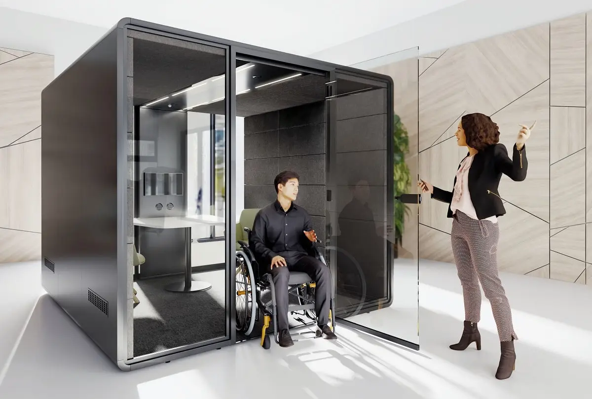 La cabine de travail du bureau hushAccess.L est accessible aux fauteuils roulants