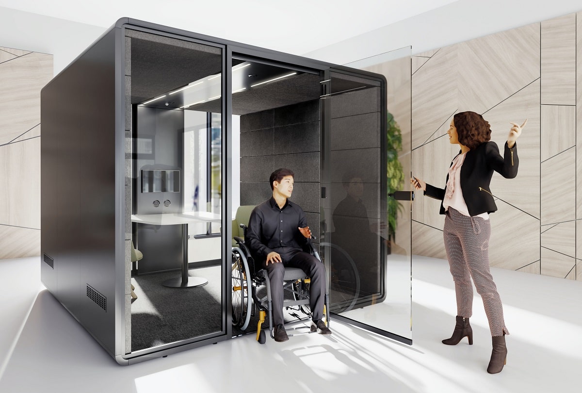 The hushAccess.L office work pod is wheelchair accessible.