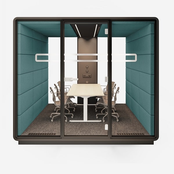 HushMeet.L. Dobrze zaprojektowana modułowa kabina do pracy zmienia biurowy zgiełk w korzystną, biurową atmosferę.