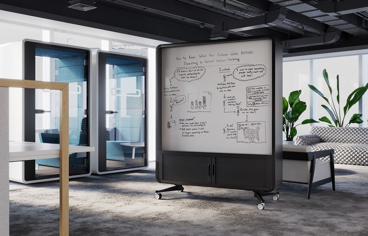 HushWall ist ein großer, versetzbarer, anpassbarer Raumteiler für das Büro. Ausgestattet mit einem Whiteboard, unterstützt es das schnelle Mind-Mapping.