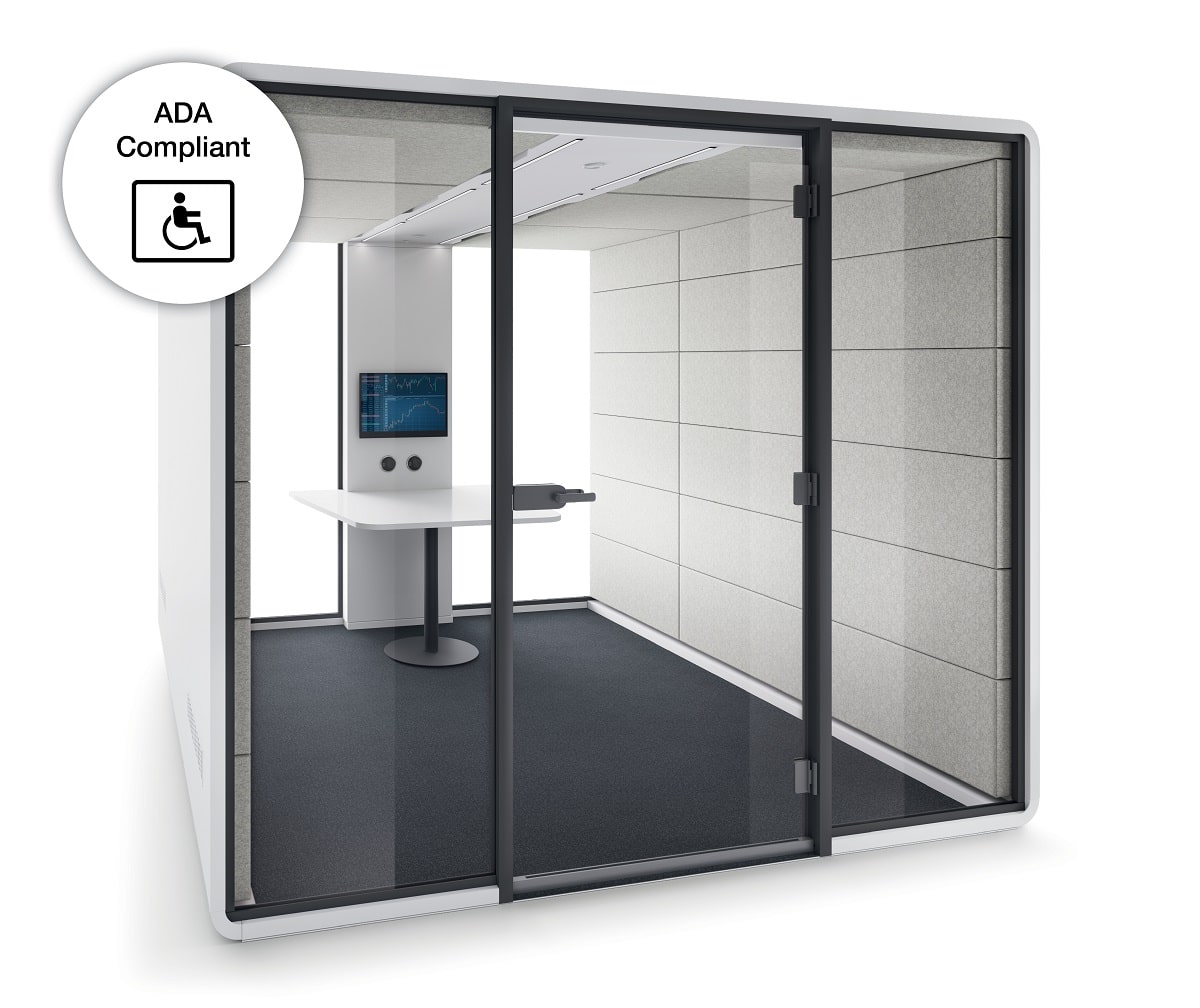 Die modulare Bürokabine hushAccess.L bietet ausreichend Platz, um darin einen Rollstuhl zu bewegen.