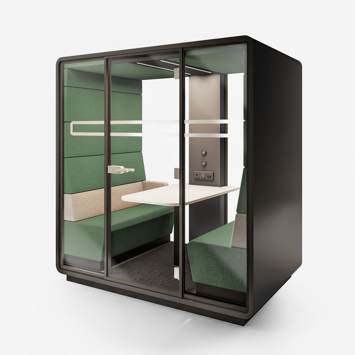 HushMeet is a quiet, sound-insulating pod for rowdy coworking. It's complete with every feature needed for focused meetings.