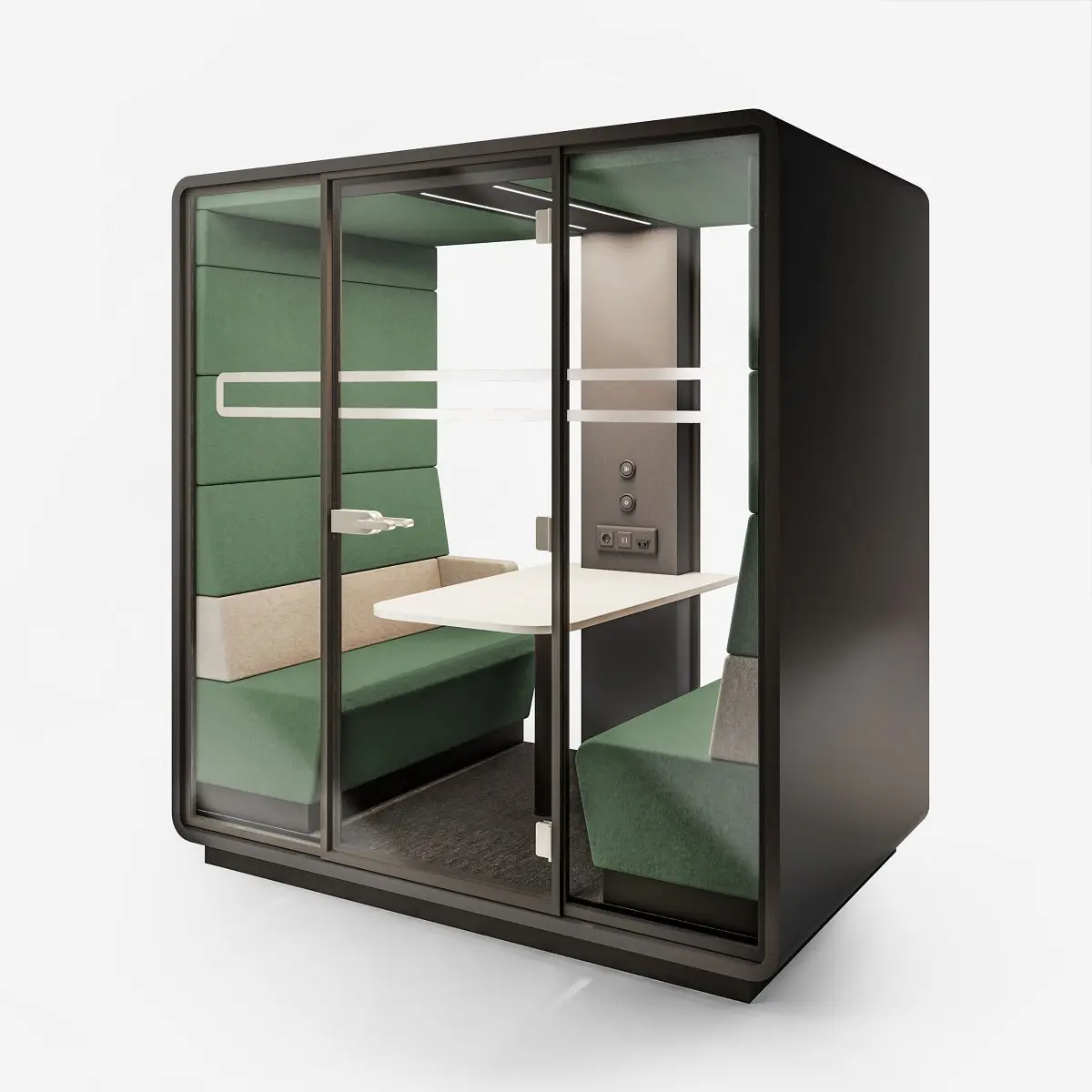 HushMeet is a quiet, sound-insulating pod for rowdy coworking. It's complete with every feature needed for focused meetings.