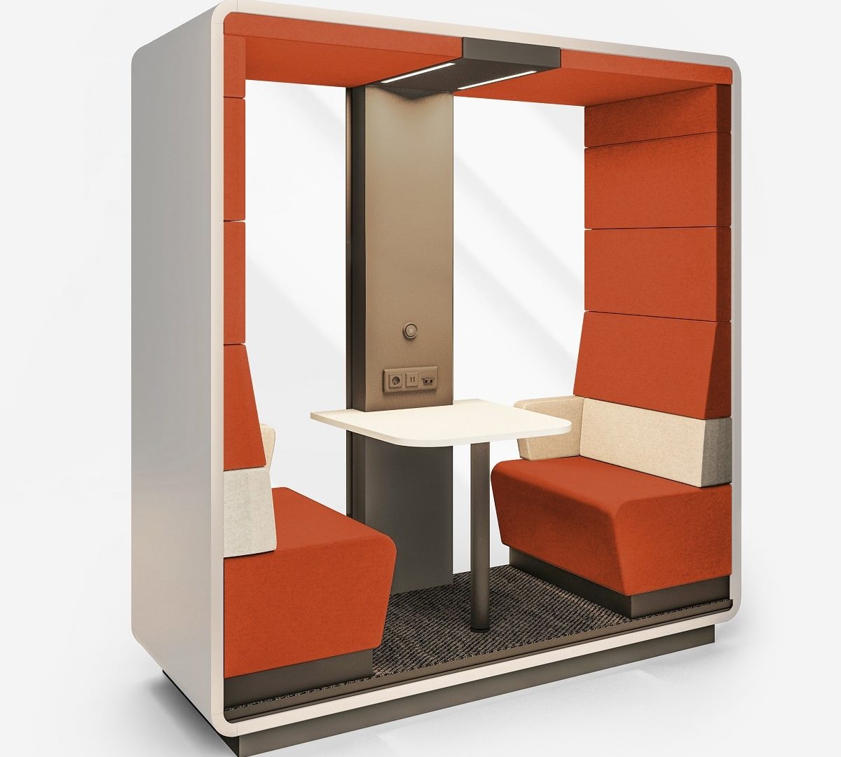 HushMeet.open.S is like a semi-cocooning booth. Its upholstered bench is sound-dampening, giving users comforting enclosure. Its single open side energizes the booth, making it an apt spot to connect ad hoc.