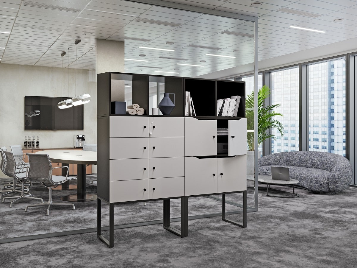 HushLock to atrakcyjny system regałów i szafek do biura typu open space.