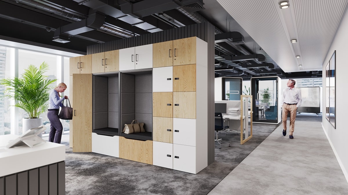 The hushLock storage system fully furnishes the reception area.