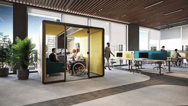 Hushoffice HushAccess.L duża budka akustyczna do biura open space, dostosowana do potrzeb osób z niepełnosprawnością ruchową