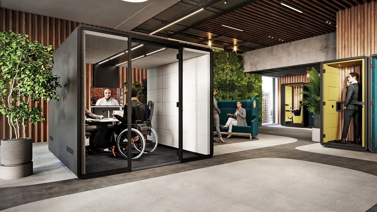 Hushoffice HushAccess.L une grande cabine acoustique adaptée aux besoins des personnes à mobilité réduite