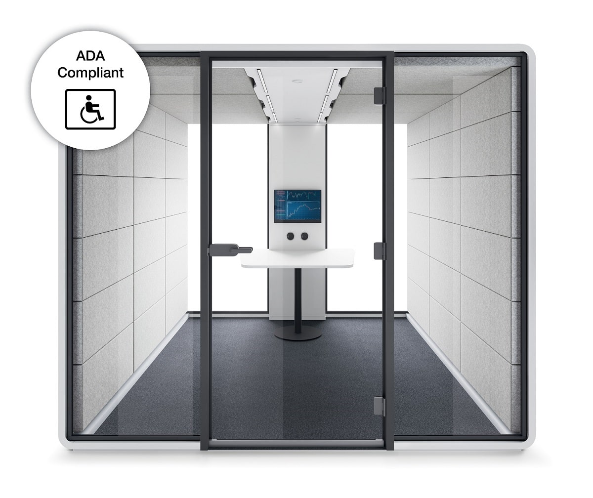 Hushoffice HushAccess.L duża biurowa kabina akustyczna, dostosowana do potrzeb osób na wózku inwalidzkim