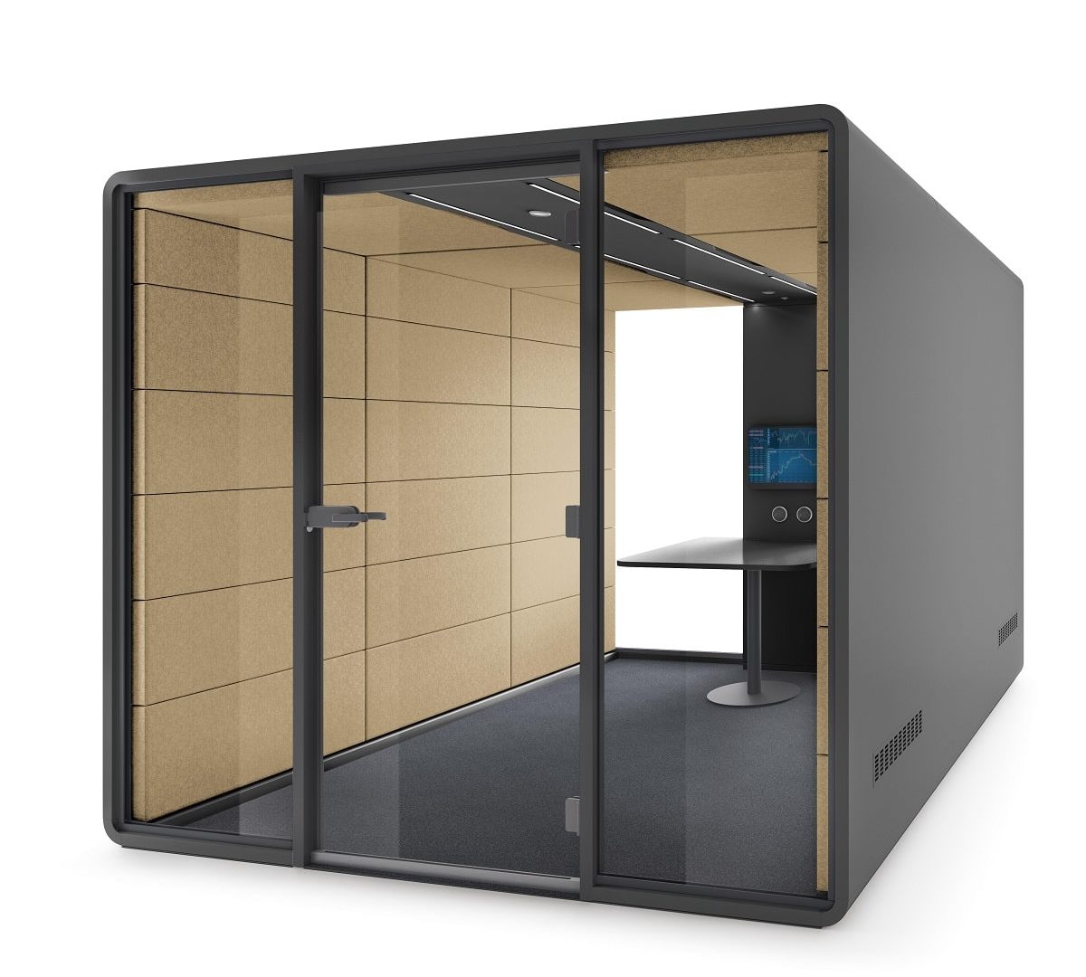 Hushoffice HushAccess.L duża kabina akustyczna do spotkań w biurze, dostosowana do potrzeb osób z niepełnosprawnością ruchową