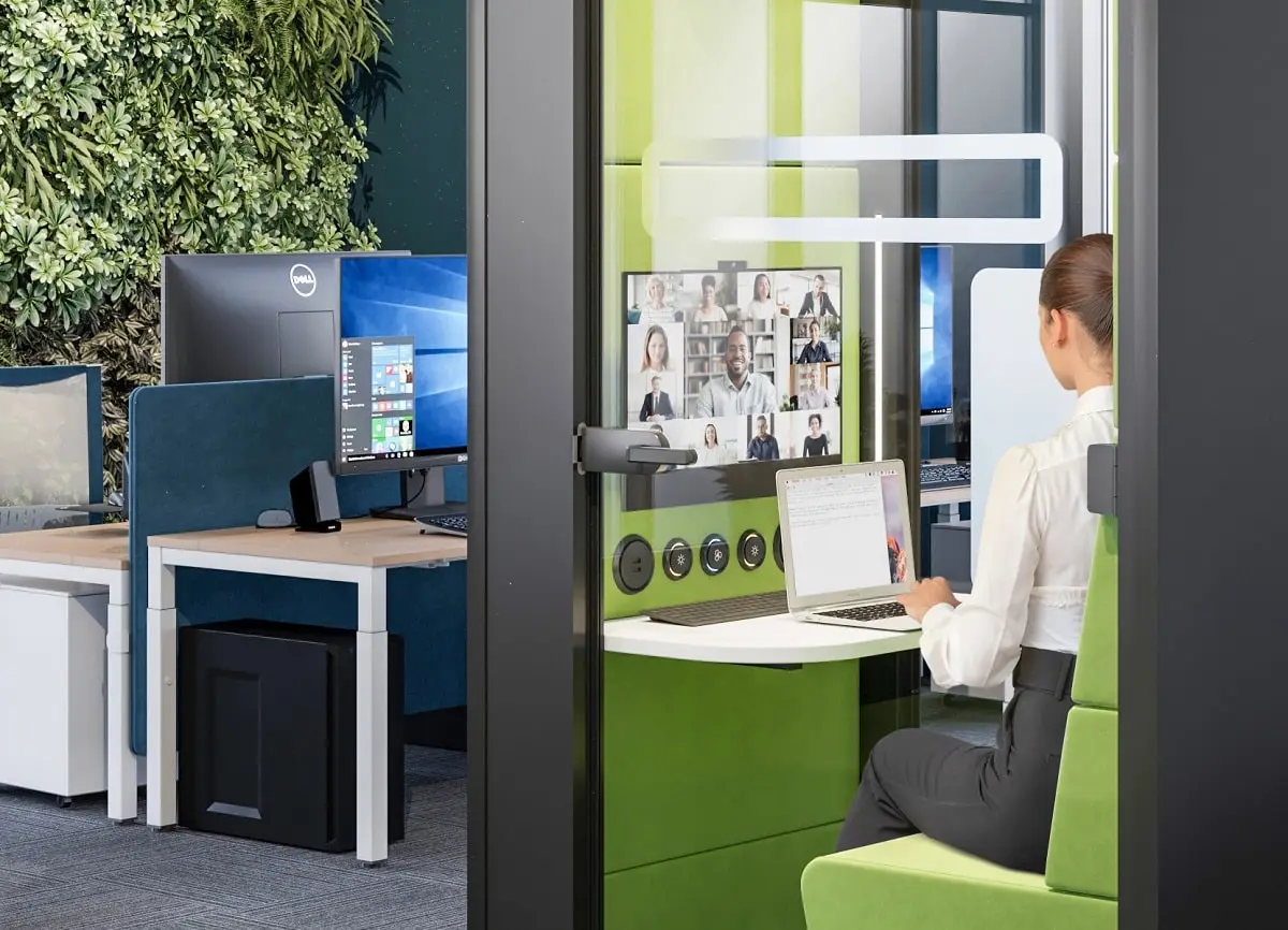 Cabine acoustique de travail Hushoffice hushHybrid adaptée aux visioconférences