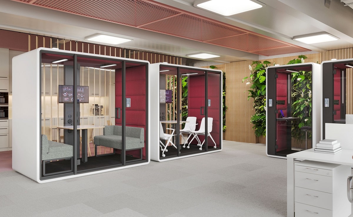 HushFree.M office pods from Hushoffice accommodate up to 4 persons and enable flexible office design