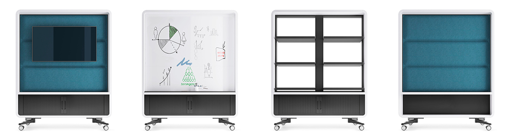 HushWall mobile office bookcase, whiteboard and wall