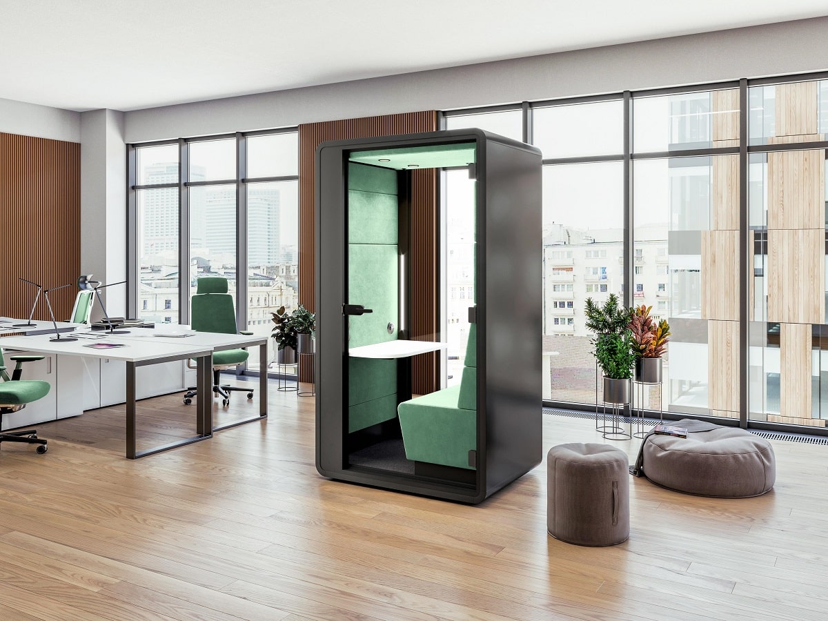 Quiet pods for offices like hushHybrid are sanctuaries of focus within a bustling (perhaps dog-filled) office.