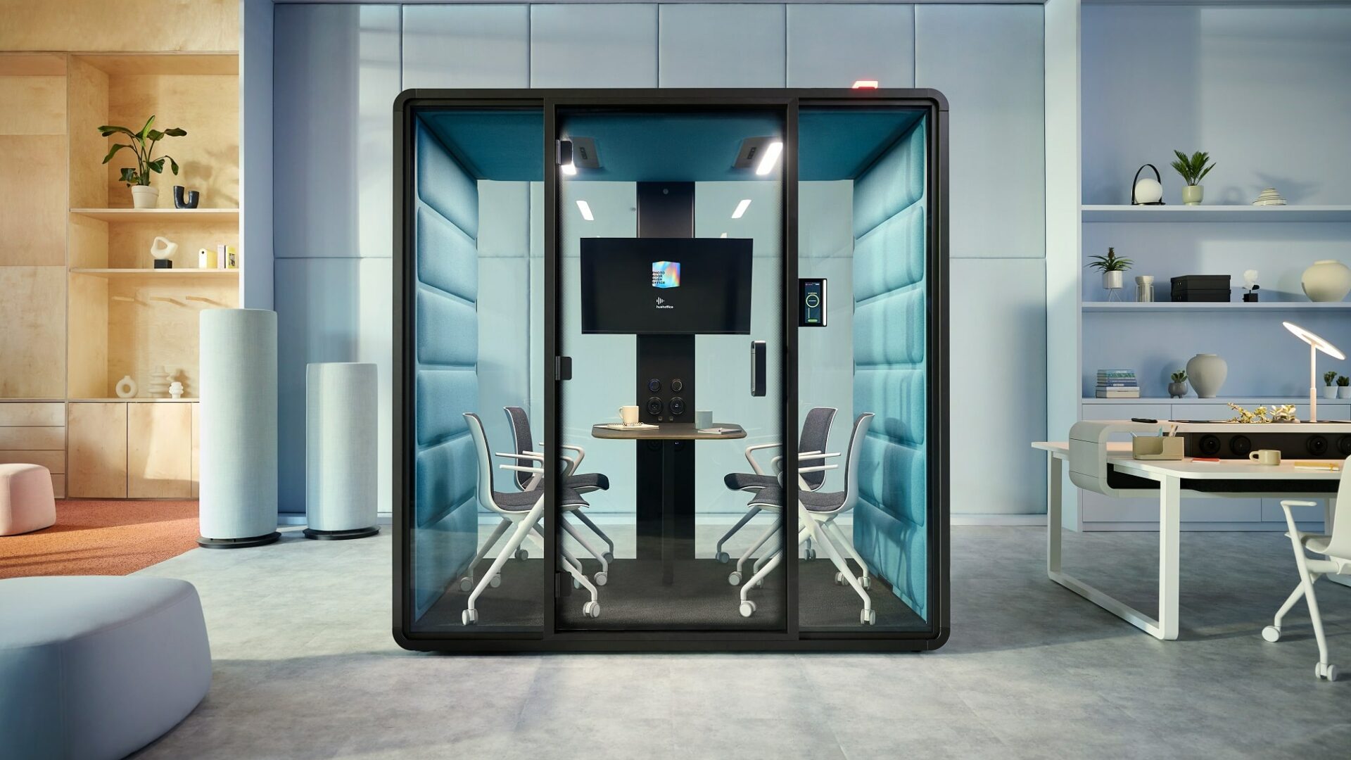 HushFree.M ist ein erstklassiger Tagungsraum, der in seinem privaten Innenraum bequem Platz für vier Personen bietet.