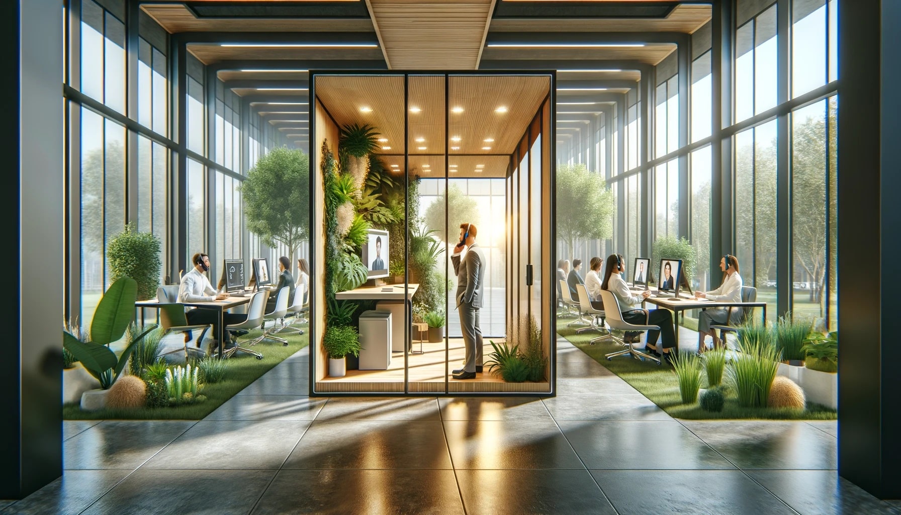 Tandis que l’IA se charge des tâches subalternes, les cabines d’appel acoustiques permettent à l’employé de se concentrer sur les appels qui ne peuvent pas être automatisés.