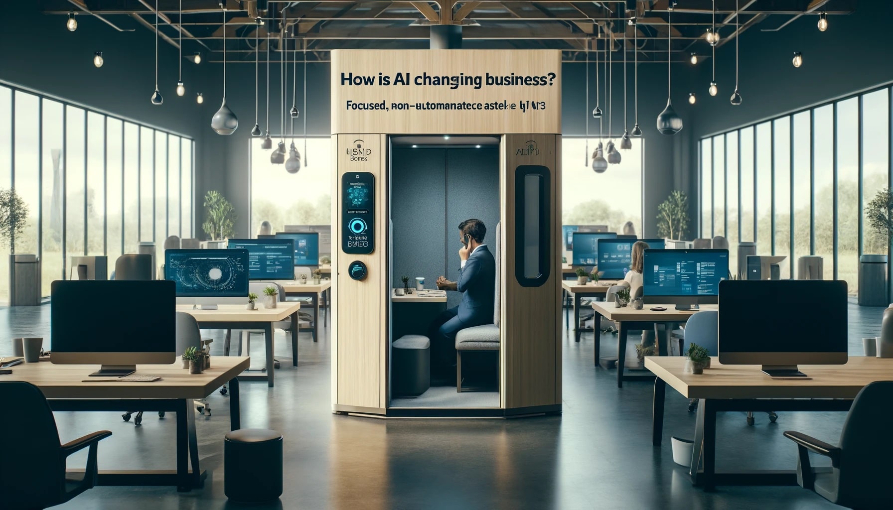 Office phone booths double as a private workspace. With cozy furniture and adjustable ventilation, they make long work sessions comfortable, giving creative efforts the human touch. Created with DALL·E.