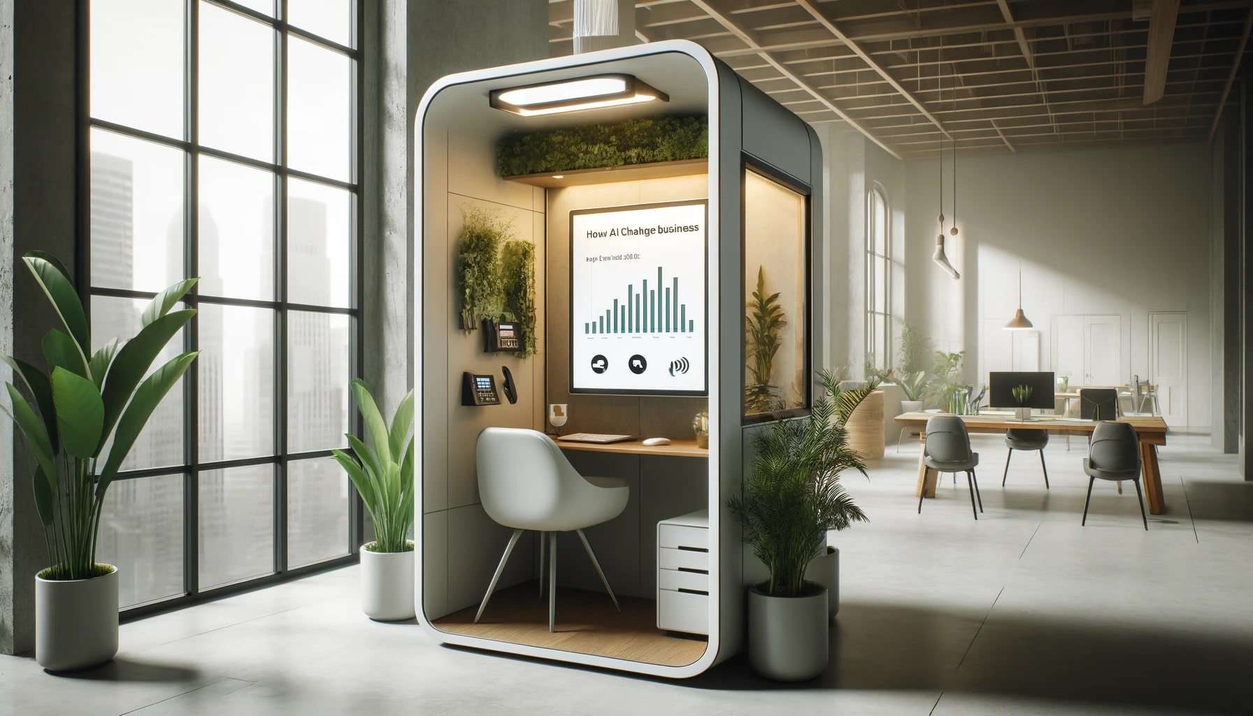While AI completes rote tasks without error, it often fails at contextual nuance. Video call booths serve for delicate business negotiation via video call. Created with DALL·E.