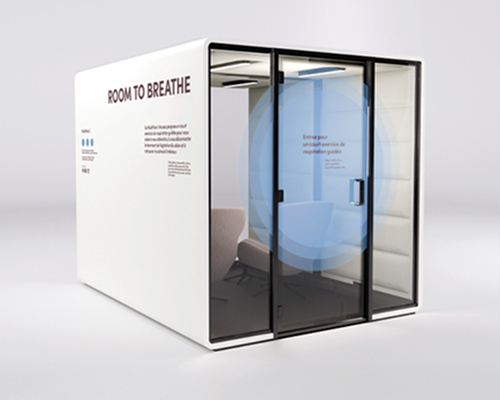 Product visual of a Hush acoustic meeting pod with glass doors and a minimalist interior.