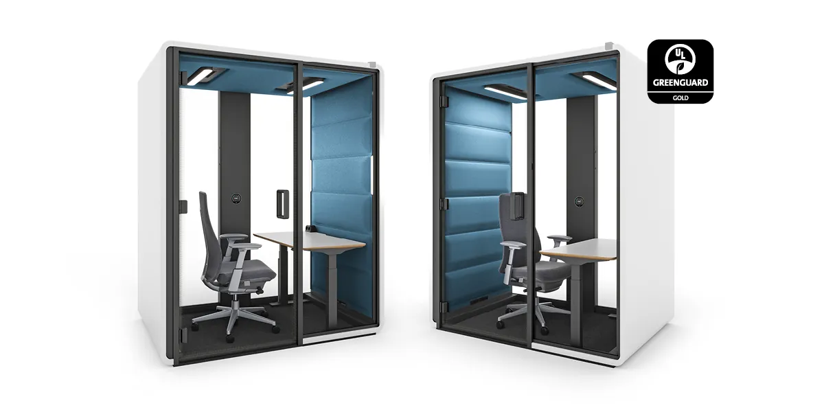 Cabine acoustique Hushfree Work présentée comme nouveauté dans un espace de bureau.