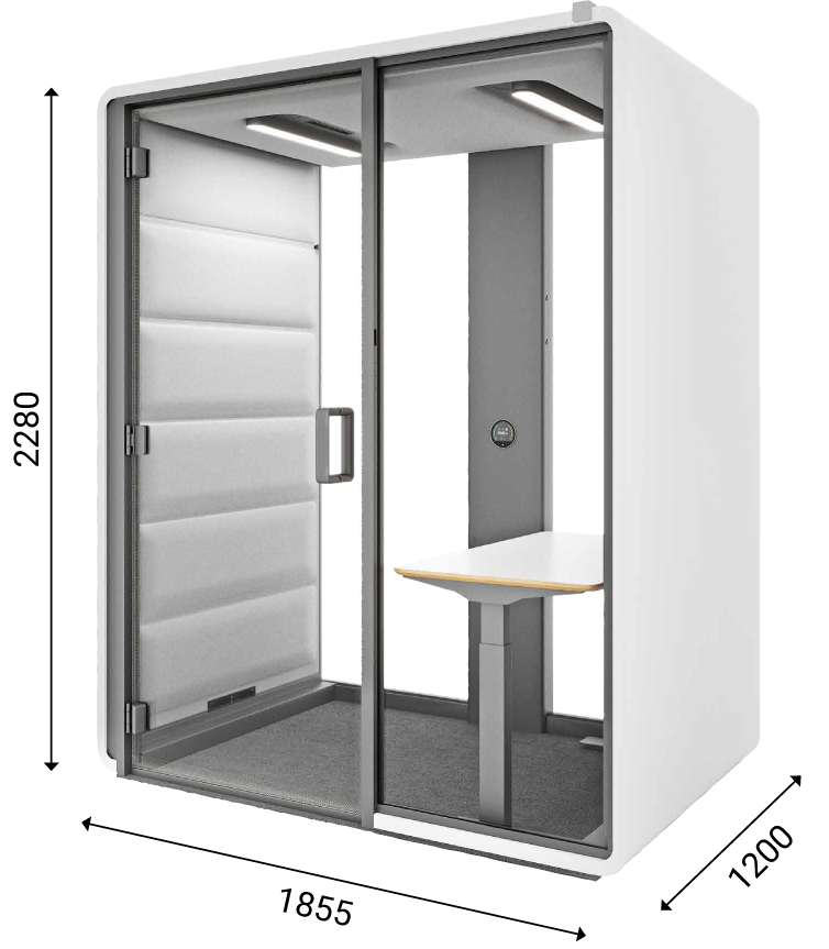 Hushfree Work acoustic pod with visible dimensions, showing the interior with a desk and chair.