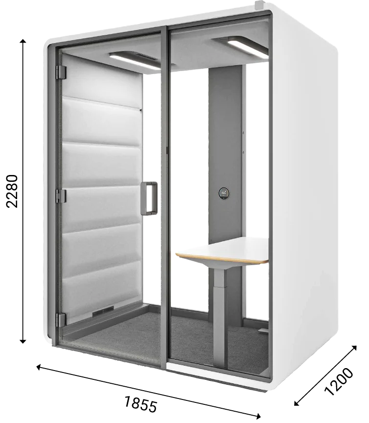 Hushfree Work acoustic pod with visible dimensions, showing the interior with a desk and chair.